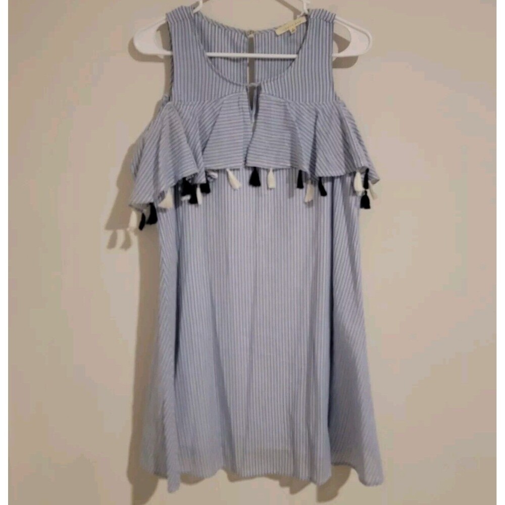 Copper Key Striped Mini Dress Size Small S Tasseled Boho Beach Keyhole‎ Neck